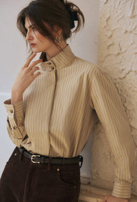 Petite Studio's Alexie Cotton Robe Shirt in Khaki Striped