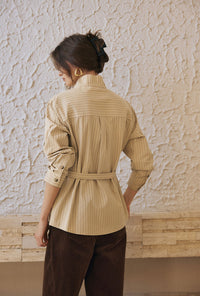 Petite Studio's Alexie Cotton Robe Shirt in Khaki Striped