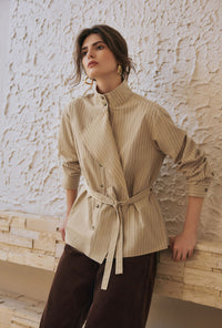 Petite Studio's Alexie Cotton Robe Shirt in Khaki Striped