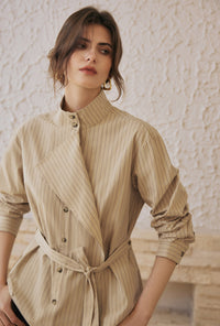 Petite Studio's Alexie Cotton Robe Shirt in Khaki Striped