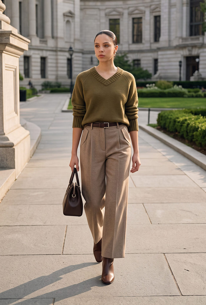 Petite Studio's Sawyer Cropped Wool Pants in Light Camel