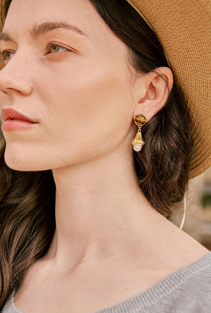 Petite Studio's Tiger's Eye Stone Pearl Dangling Earrings