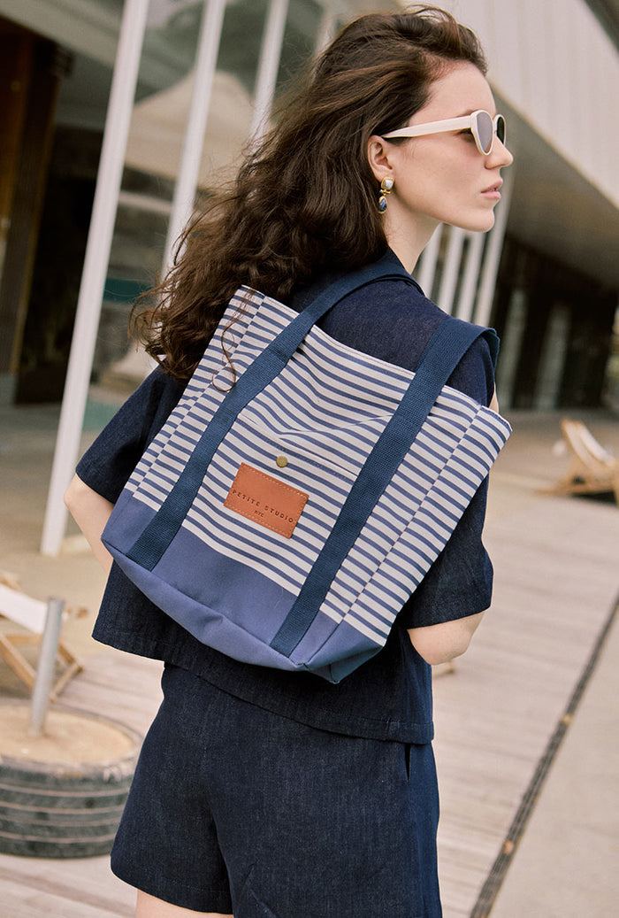 Petite Studio's Two Tone Canvas Tote in Navy Striped