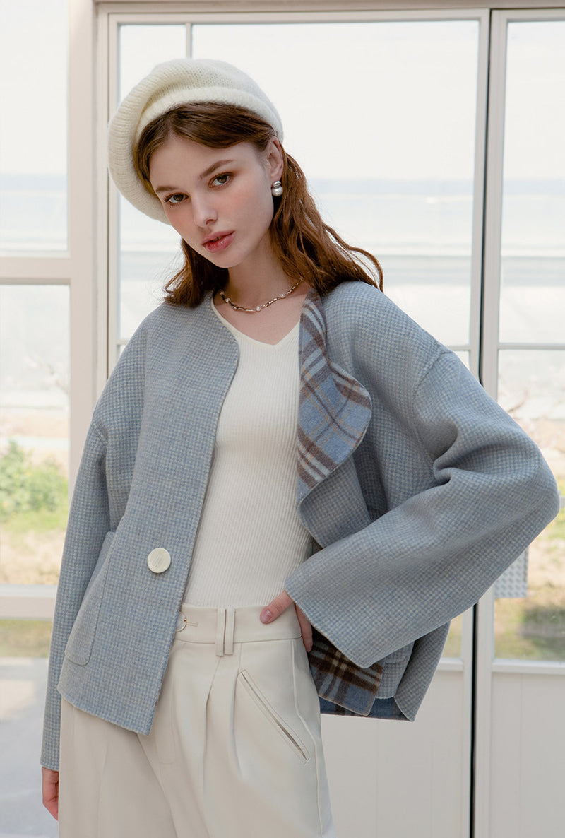 Petite Studio's Maeve Reversible Wool Jacket in Blue Plaid