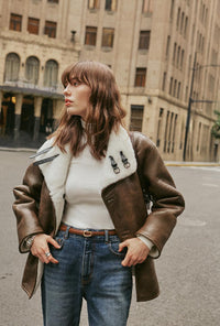 Petite Studio's Keisha Reversible Faux Fur & Leather Jacket in Ivory and Tawny