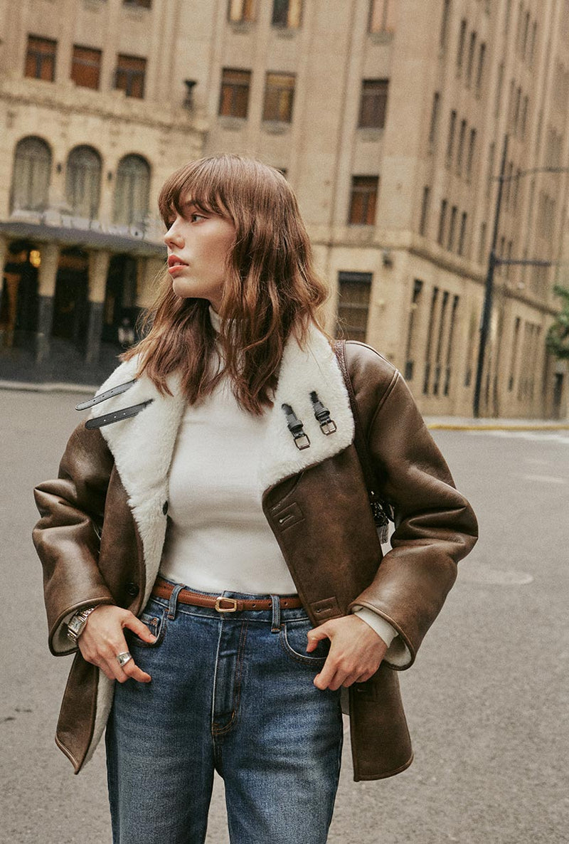 Petite Studio's Keisha Reversible Faux Fur & Leather Jacket in Ivory and Tawny