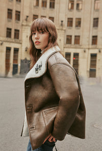 Petite Studio's Keisha Reversible Faux Fur & Leather Jacket in Ivory and Tawny