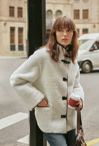 Petite Studio's Keisha Reversible Faux Fur & Leather Jacket in Ivory and Tawny