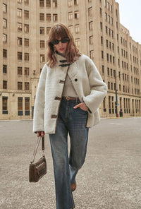 Petite Studio's Keisha Reversible Faux Fur & Leather Jacket in Ivory and Tawny