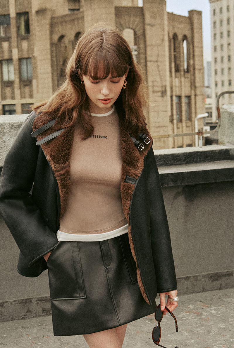 Petite Studio's Keisha Reversible Faux Fur & Leather Jacket in Black and Brown