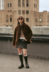 Petite Studio's Keisha Reversible Faux Fur & Leather Jacket in Black and Brown