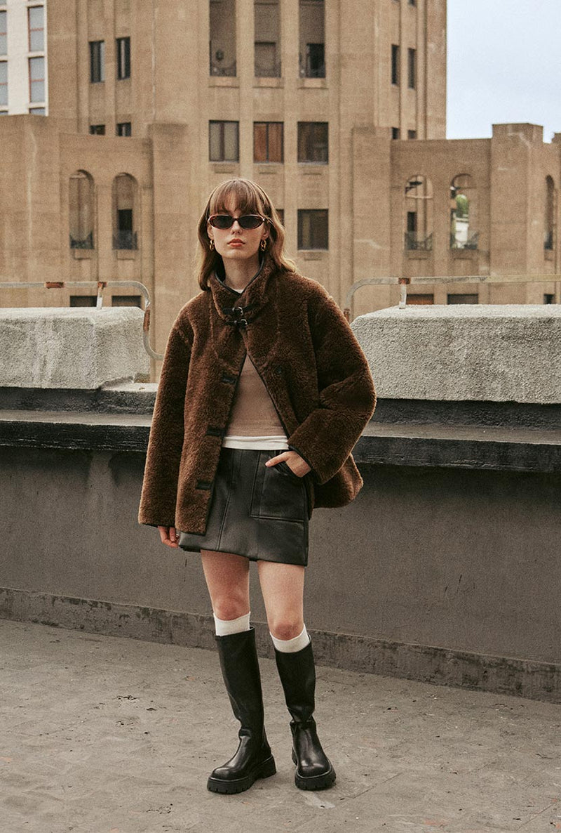 Petite Studio's Keisha Reversible Faux Fur & Leather Jacket in Black and Brown