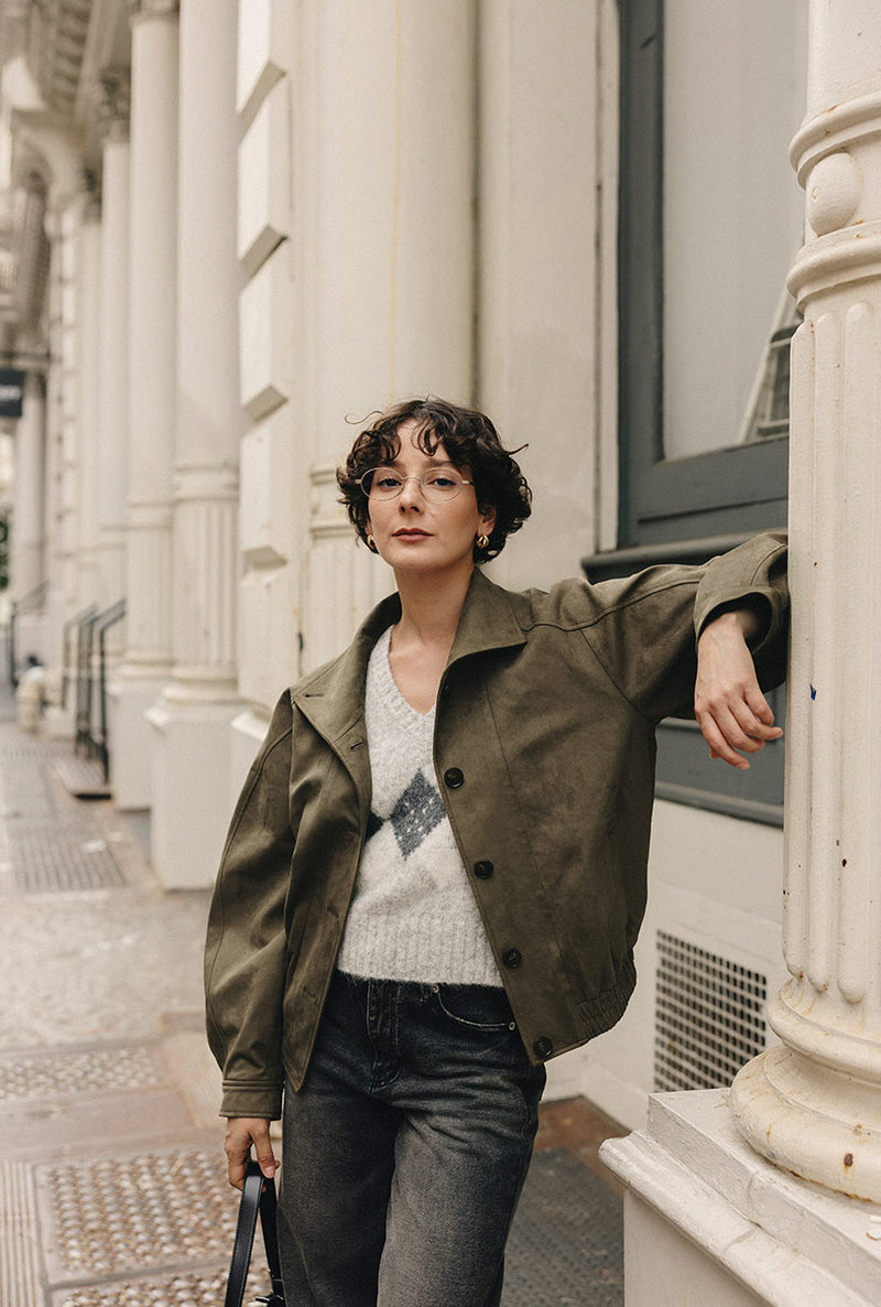 Petite Studio's Ashley Oversized Suede Jacket in Kahki Green
