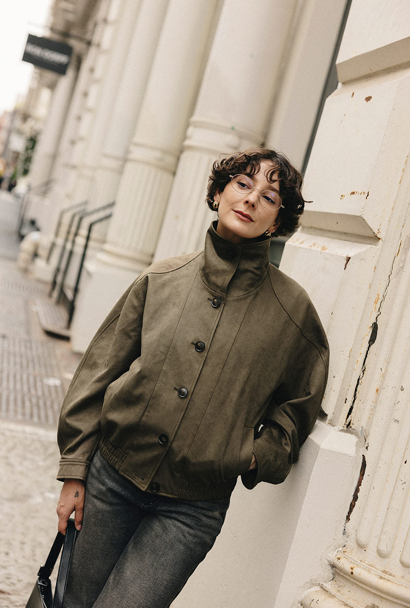 Petite Studio's Ashley Oversized Suede Jacket in Kahki Green