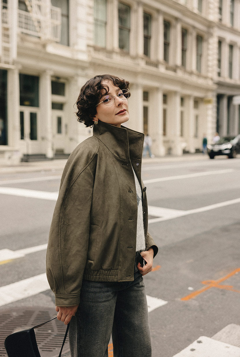 Petite Studio's Ashley Oversized Suede Jacket in Kahki Green