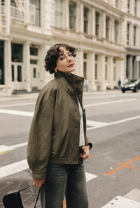 Petite Studio's Ashley Oversized Suede Jacket in Kahki Green