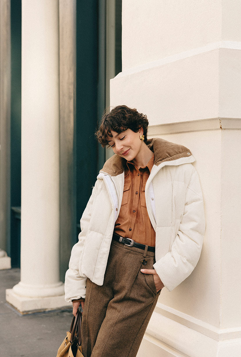 Petite Studio's Carter Corduroy Down Jacket in Ivory - Petite