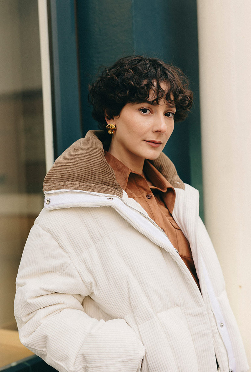 Petite Studio's Carter Corduroy Down Jacket in Ivory
