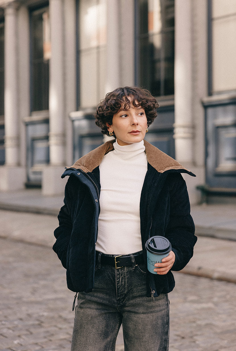 Petite Studio's Carter Corduroy Down Jacket in Black
