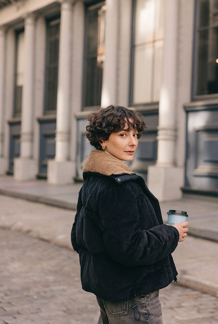 Petite Studio's Carter Corduroy Down Jacket in Black

