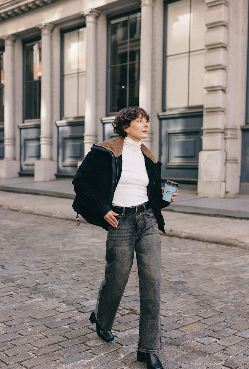 Petite Studio's Carter Corduroy Down Jacket in Black
