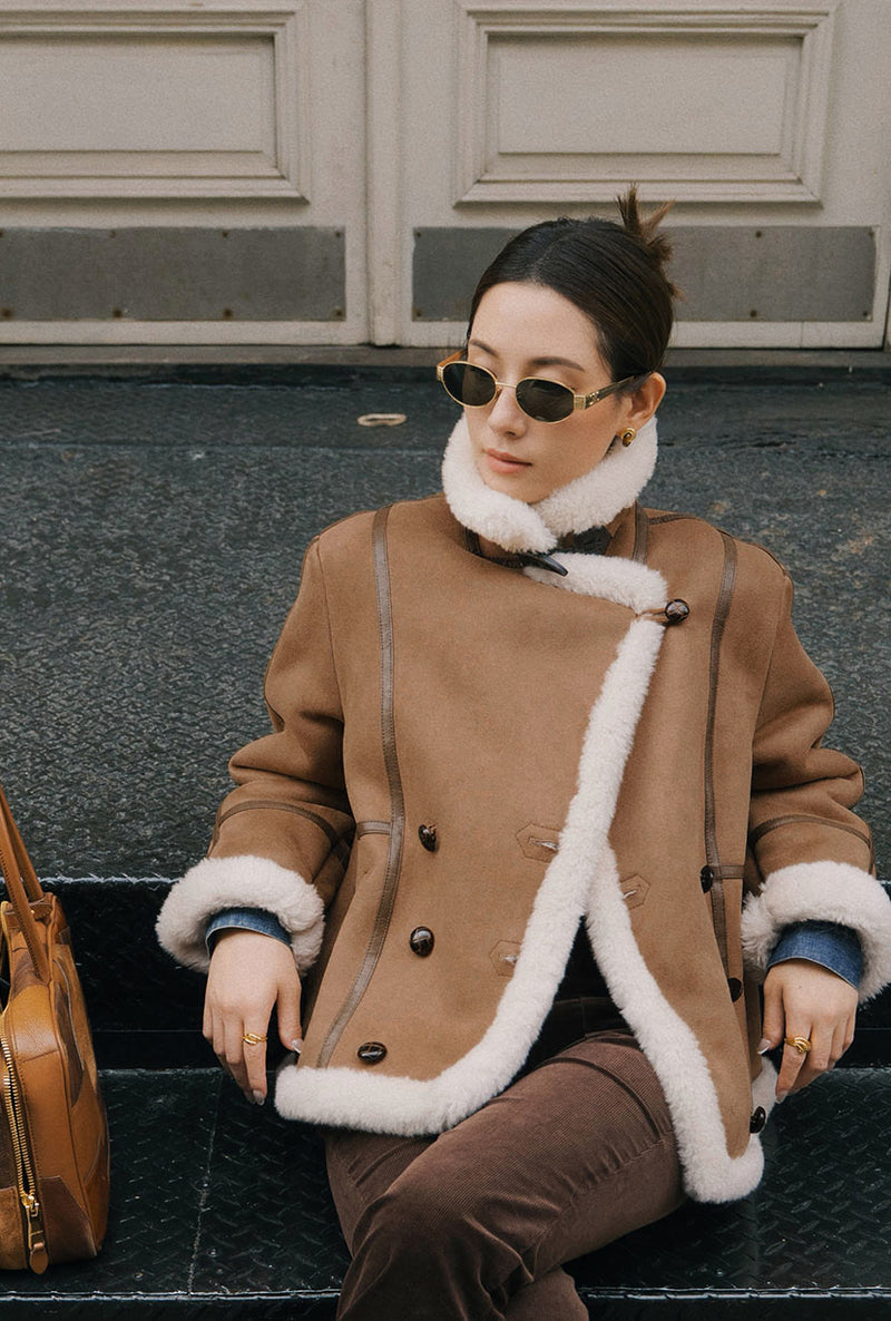 Petite Studio's Callen Suede and Fur Faux Shearling Coat in Tawny