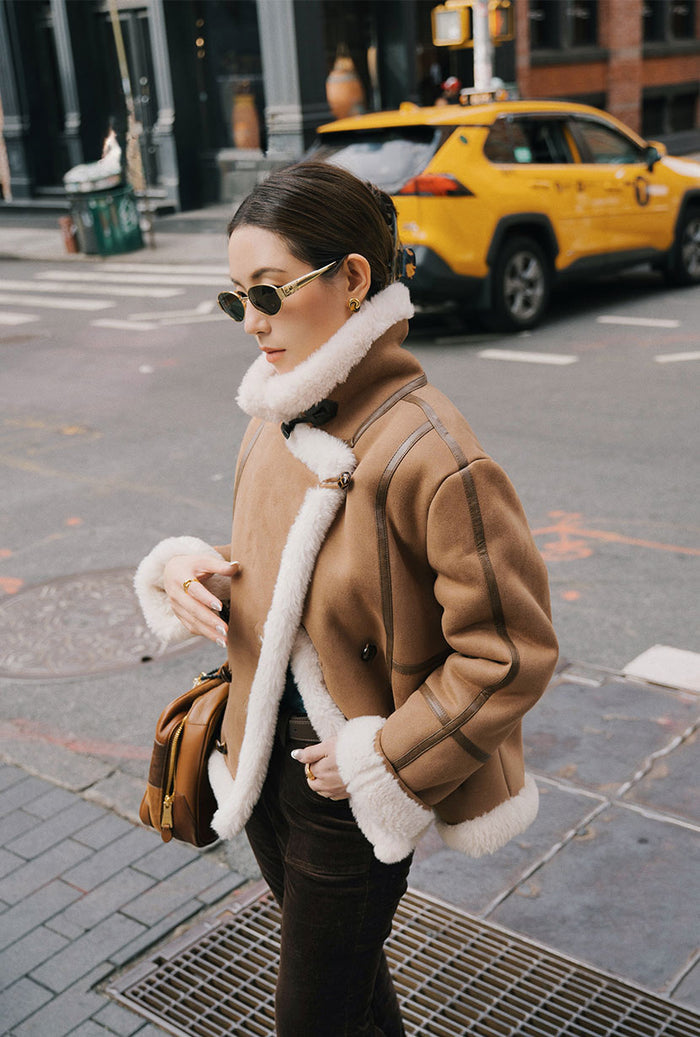 Petite Studio's Callen Suede and Fur Faux Shearling Coat in Tawny