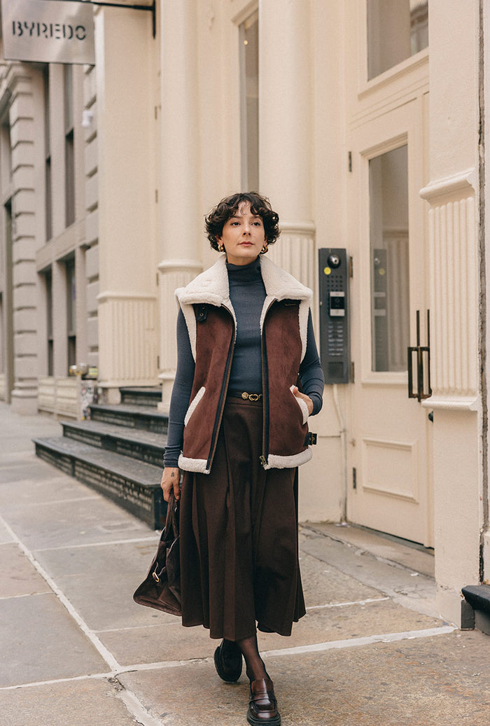 Petite Studio's Camilla Shearling Vest Jacket in Chocolate