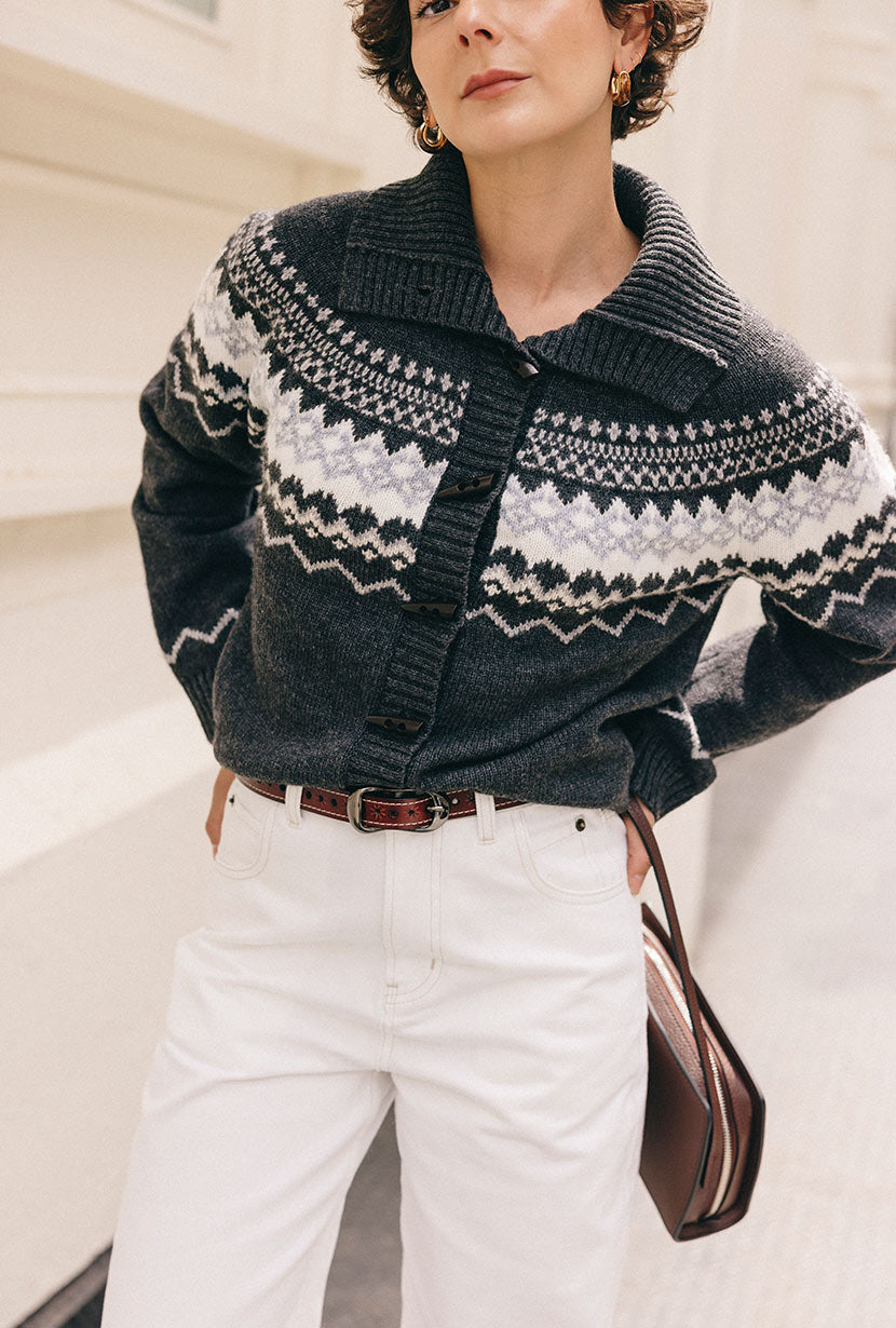 Petite Studio's Cohen Fair Isle Wool Cardigan in Charcoal - Petite