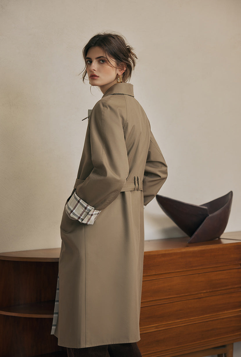 Petite Studio's Liam Reversible Cotton Trench Coat in Camel and Plaid