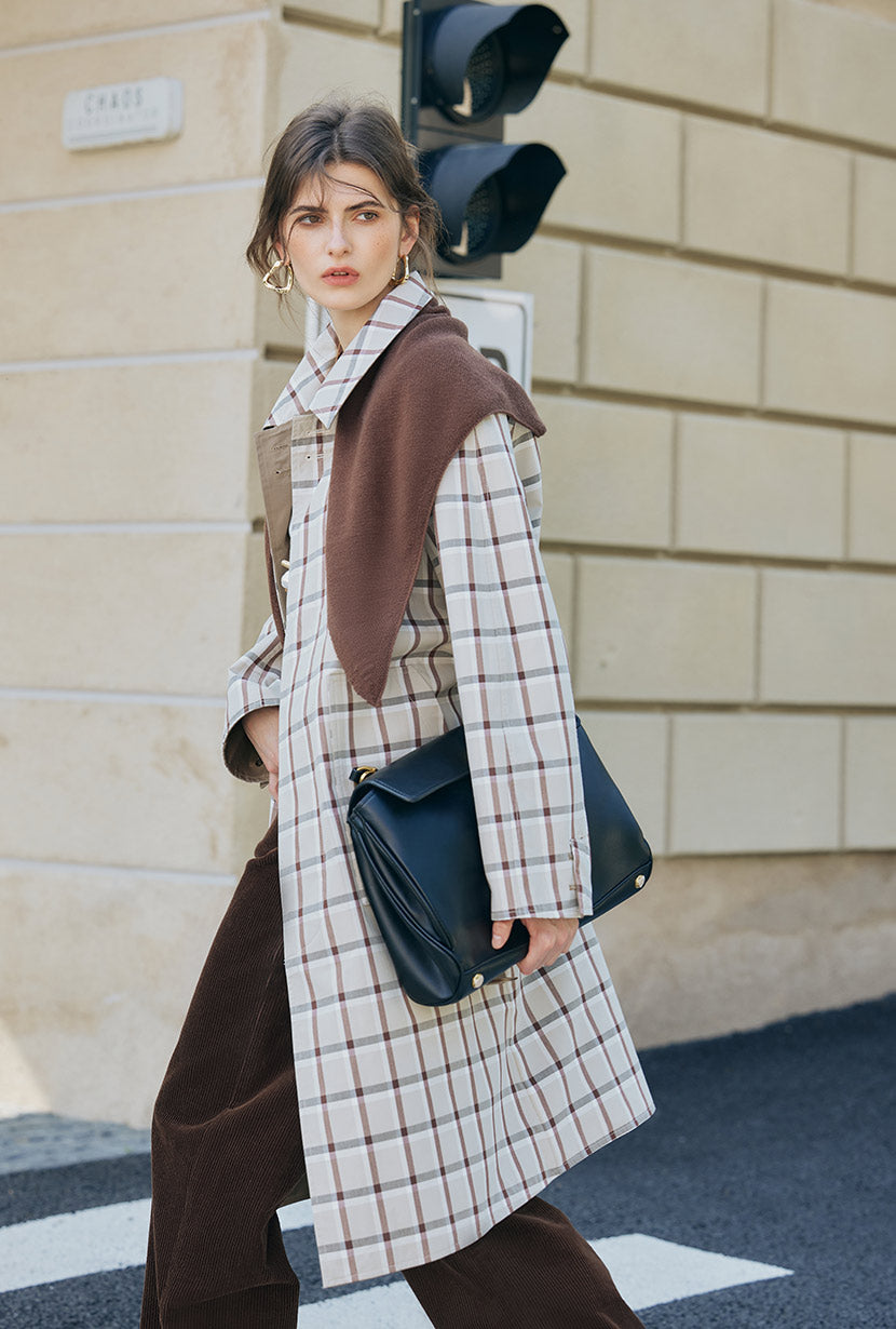 Petite Studio's Liam Reversible Cotton Trench Coat in Camel and Plaid