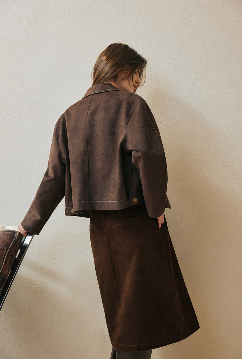 Petite Studio's Emmette Cropped Suede Jacket in Chocolate