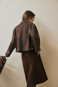 Petite Studio's Emmette Cropped Suede Jacket in Chocolate