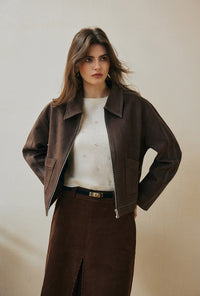 Petite Studio's Emmette Cropped Suede Jacket in Chocolate