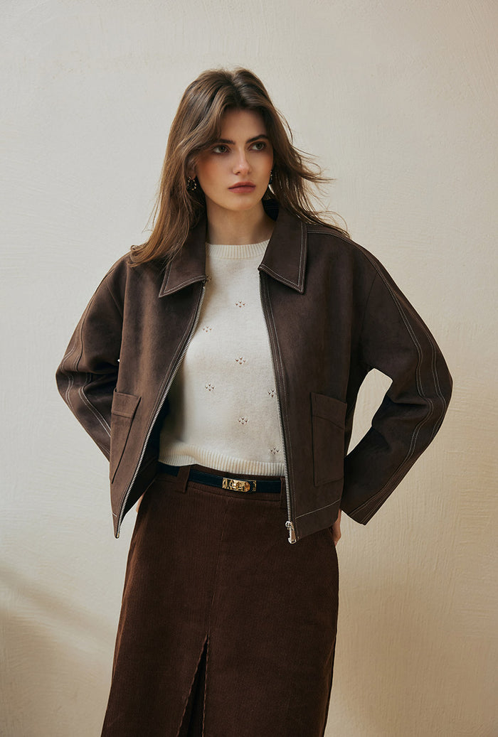 Petite Studio's Emmette Cropped Suede Jacket in Chocolate
