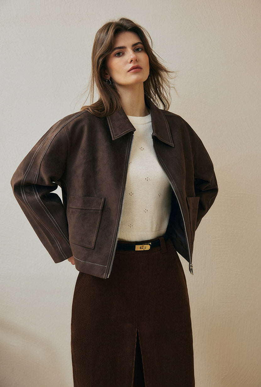 Petite Studio's Emmette Cropped Suede Jacket in Chocolate