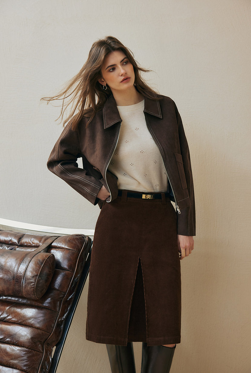 Petite Studio's Emmette Cropped Suede Jacket in Chocolate
