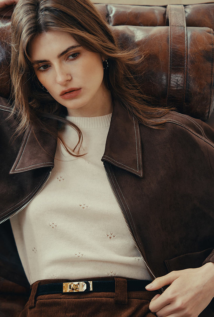 Petite Studio's Emmette Cropped Suede Jacket in Chocolate