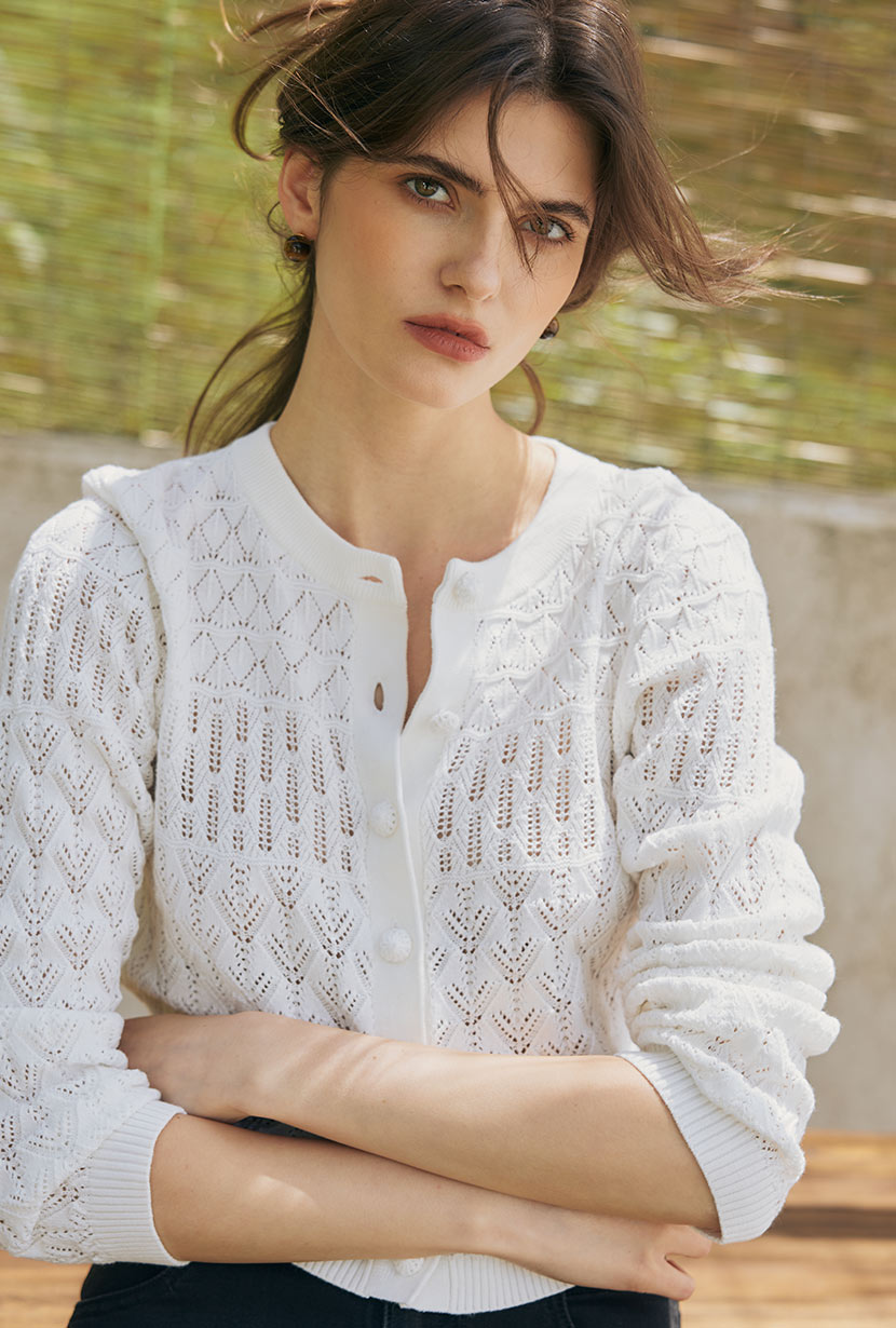 Petite Studio's Hannah Cashmere Cotton Blend Cardigan in Ivory