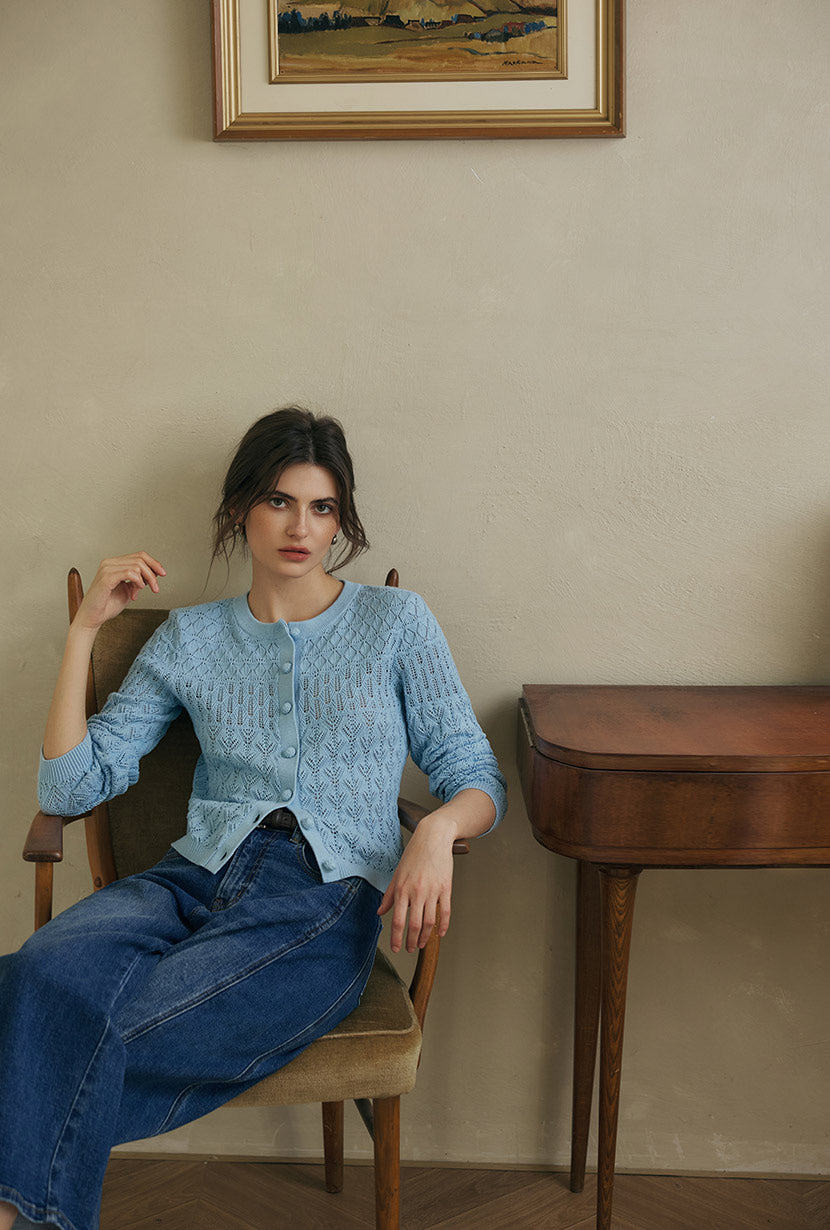 Petite Studio's Hannah Cashmere Cotton Blend Cardigan in Sky