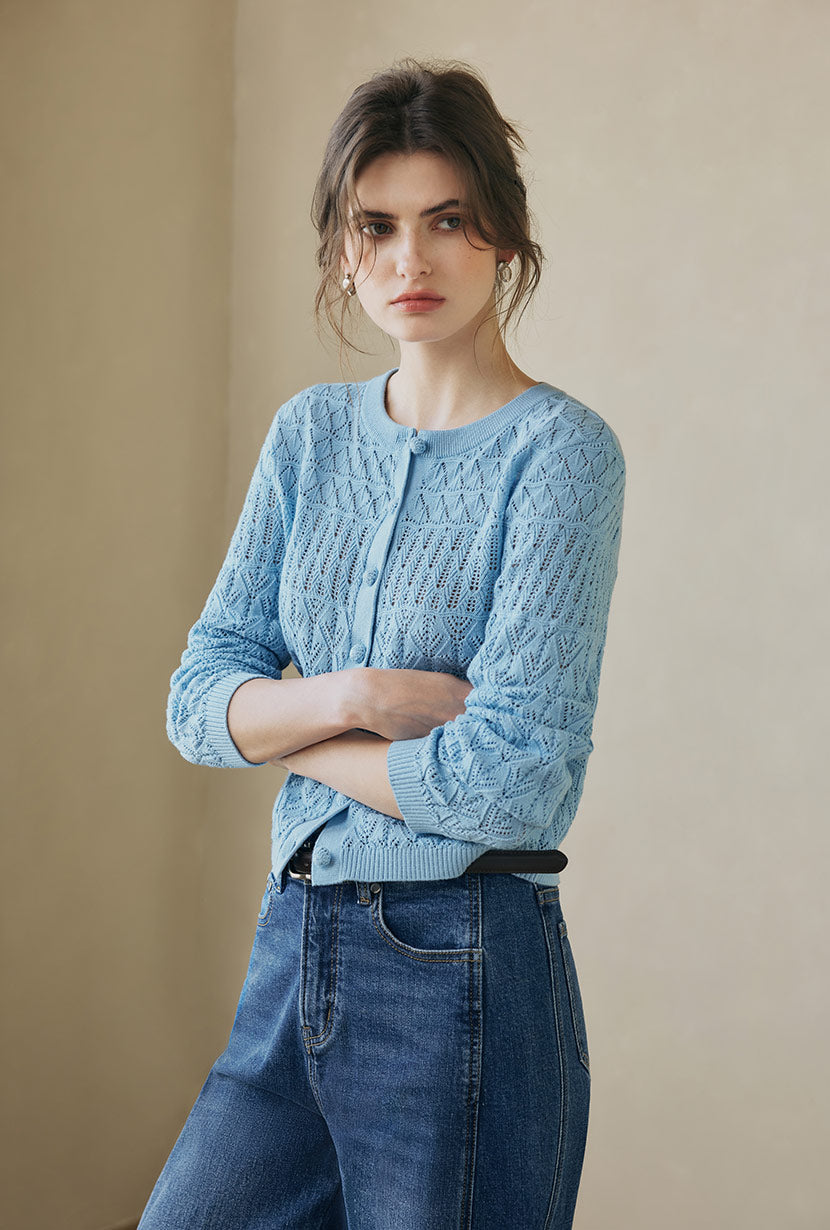 Hannah Cashmere Cotton Blend Cardigan - Sky
