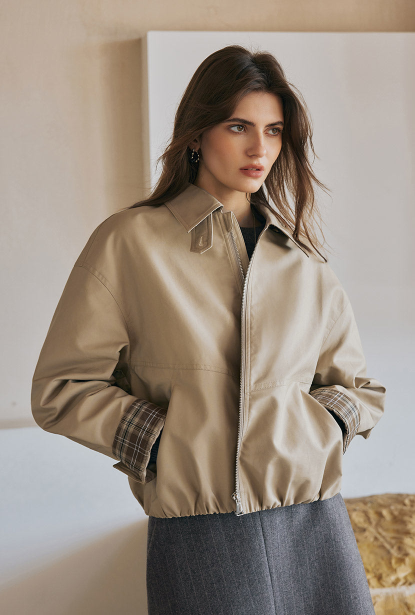 Petite Studio's Anora Cropped Bomber Cotton Jacket in Camel