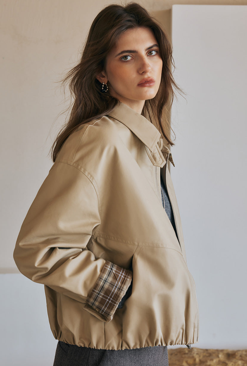Petite Studio's Anora Cropped Bomber Cotton Jacket in Camel