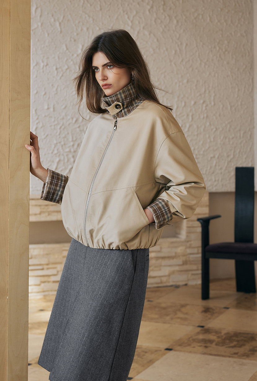 Petite Studio's Anora Cropped Bomber Cotton Jacket in Camel