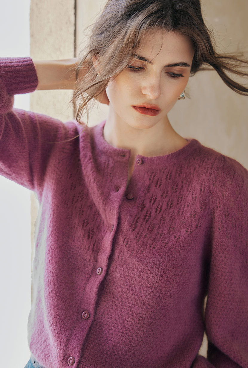 Petite Studio's Nathan Mohair-Blend Wool Cardigan in Plum 