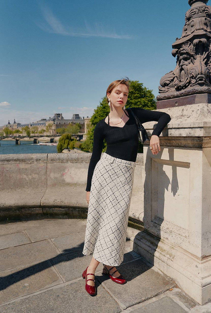 Petite Studio's Monty Midi Tweed Skirt in Ivory