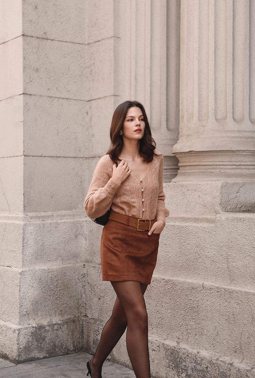 Petite Studio's Ashton Mini Suede Skirt in Caramel