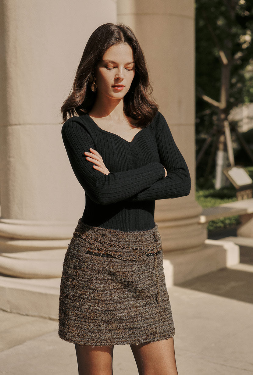 Petite Studio's Ashton Mini Wool Tweed Skirt in Charcoal