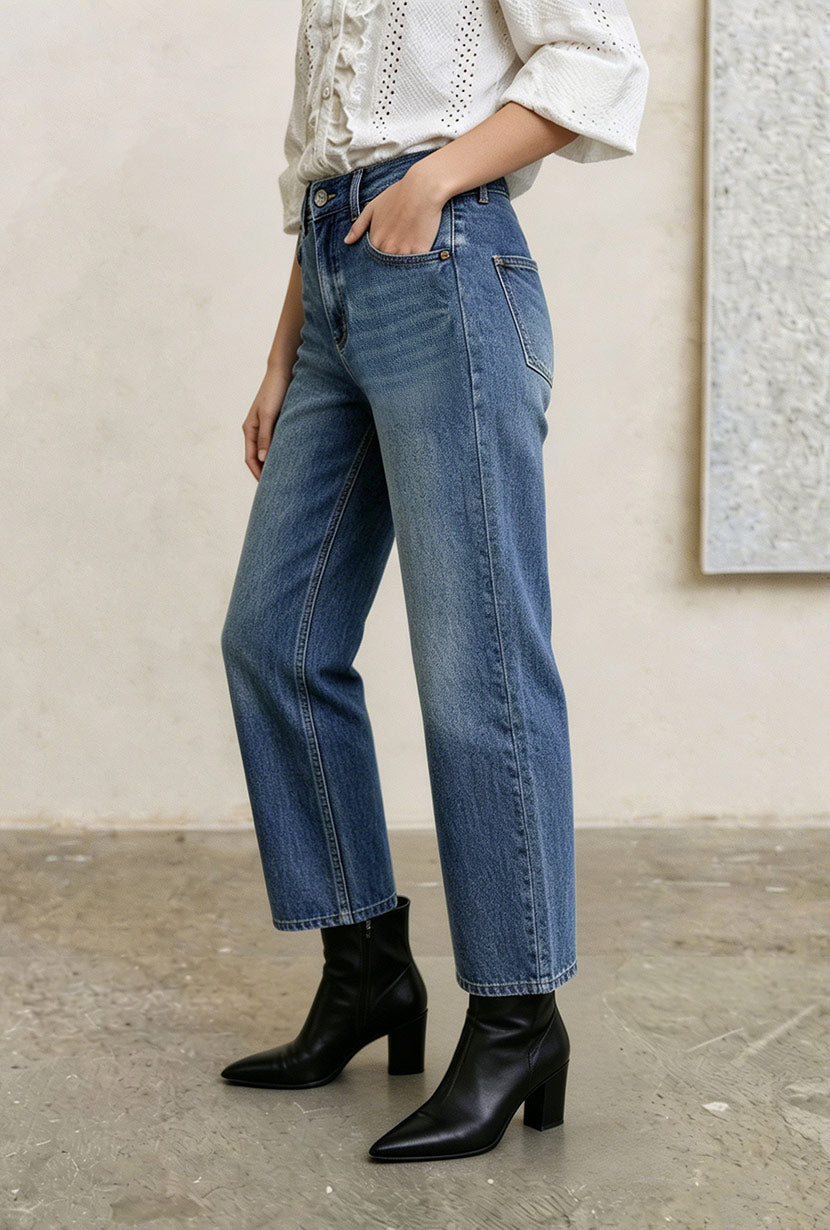 Petite Studio's Bentley Straight Cropped Jeans in Medium Blue 
