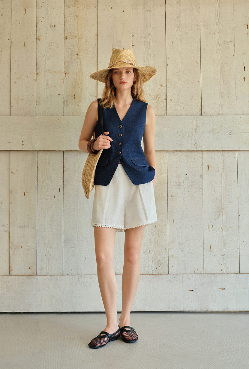 Petite Studio's Elodie Embroidered Linen Shorts in White